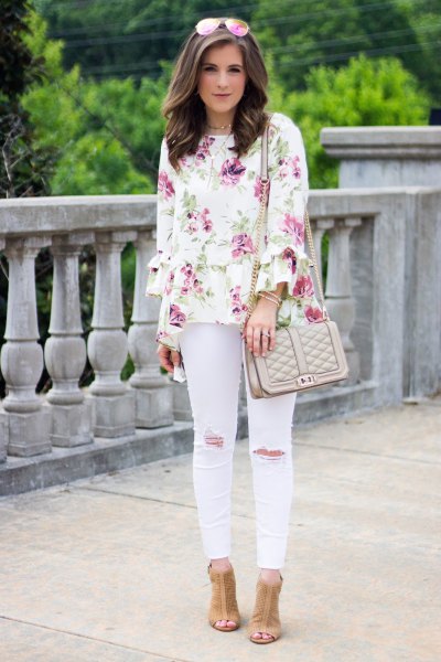 white blouse with pale pink ripped skinny jeans