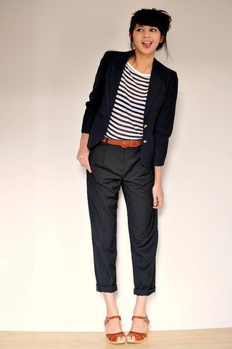 cuffed chinos with striped tee and black blazer