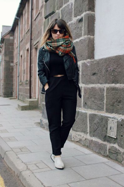 black chinos with cropped sweater and leather jacket