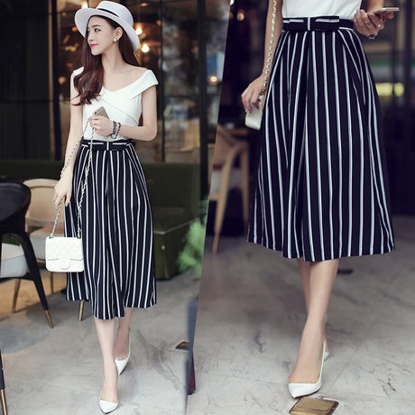 cropped black and white striped wide leg trousers with white felt hat