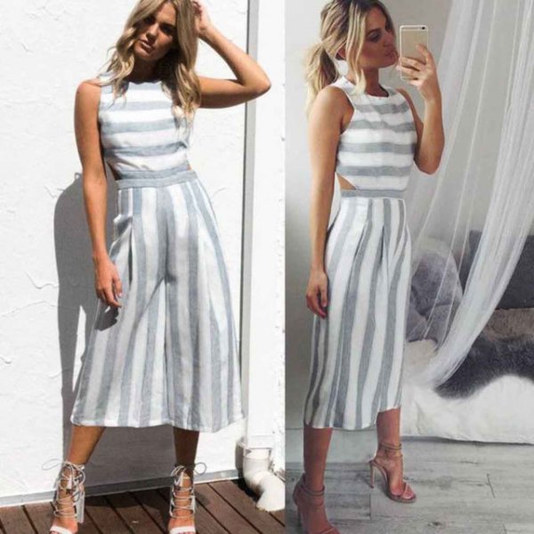 gray and white striped sleeveless top with matching cropped leggings