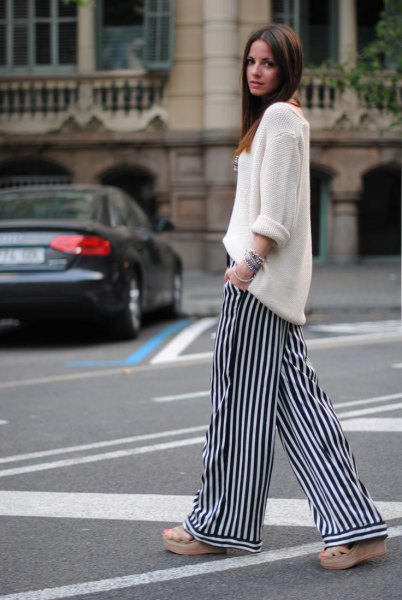 white casual fit knit sweater with striped pants