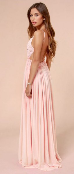 two toned backless pleated floor length dress