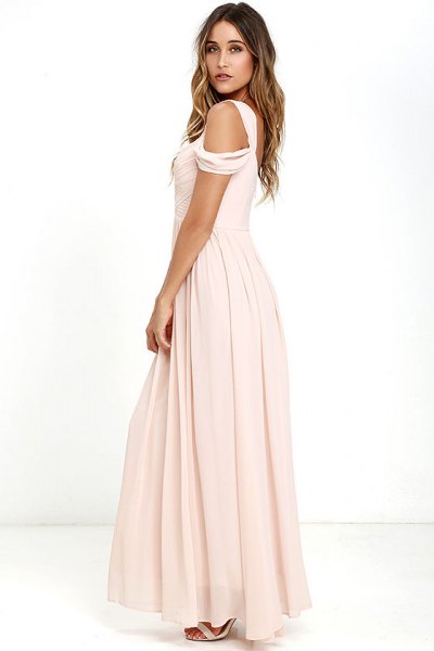 pink cold shoulder maxi floor length pleated chiffon dress