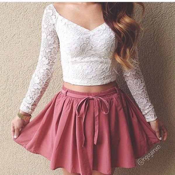 white v-neck lace with long sleeve crop with pink skater skirt