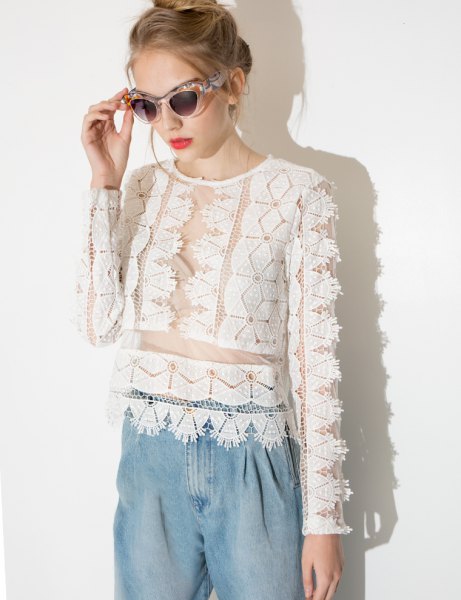 white half lace top with light blue chambray pants