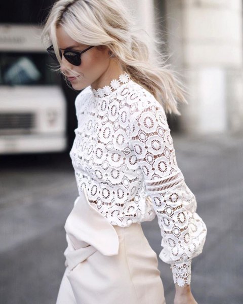 white crochet lace mock neck long sleeve top with mini skirt
