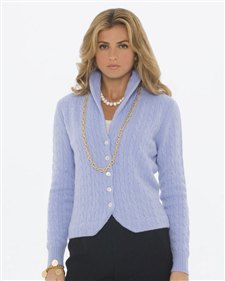 sky blue shawl collar cardigan with gold chain necklace