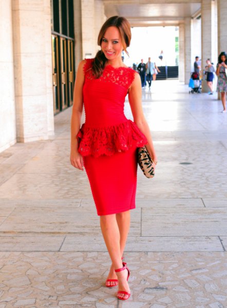 red lace top with bodycon midi skirt