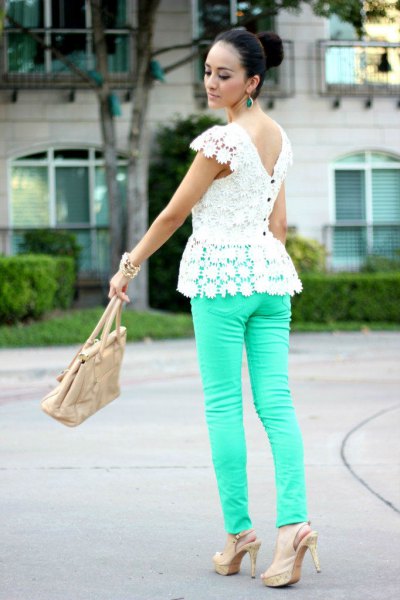 white low back lace peplum top with pink skinny jeans
