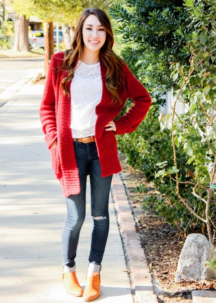 white lace blouse with red chunky cardigan