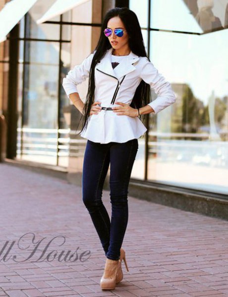 white peplum leather jacket with navy skinny jeans