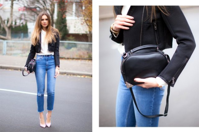 black cropped blazer with white chiffon button up shirt and blue jeans