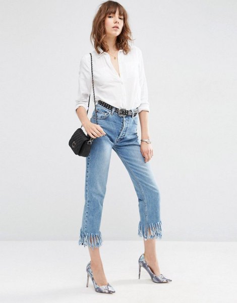 white button up shirt with cropped jeans