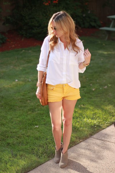 white button up shirt with yellow denim mini shorts