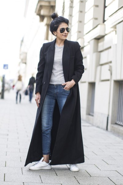 black maxi wool coat with gray sweater and ankle jeans
