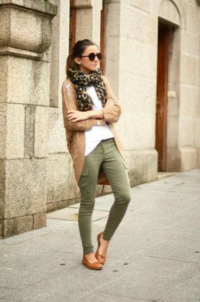 white blouse and camel long cardigan