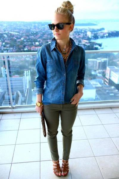 blue denim shirt with green jeans