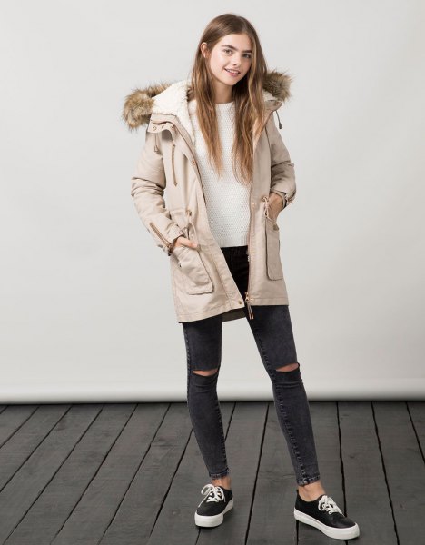 light pink parka coat with white sweater