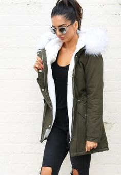 gray parka with all black outfit