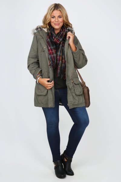 gray fur lined parka coat with black shirt and plaid scarf