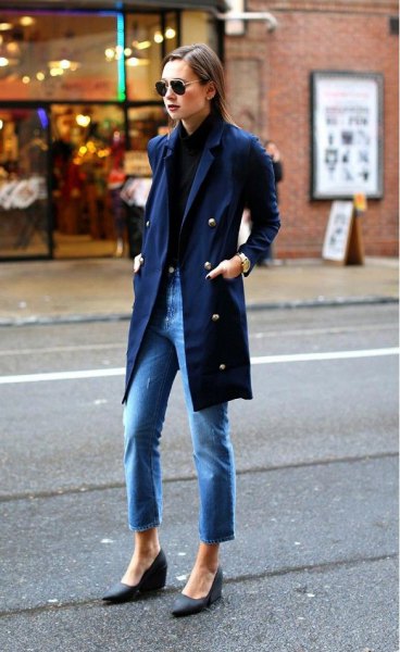navy blue military blazer with blue ankle boots
