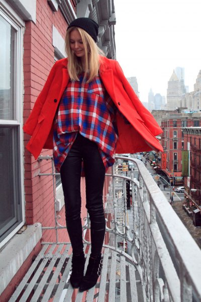 red wool coat with navy blue and orange plaid shirt