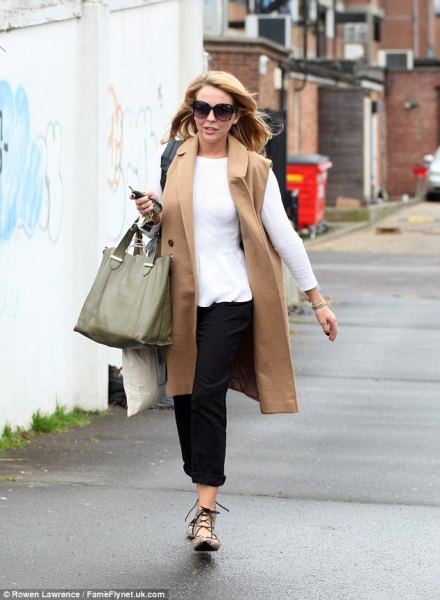 camel long jacket with white long sleeve tee
