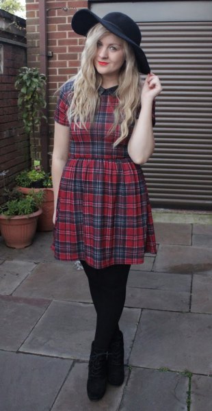 navy and red tartan fit and flare mini dress with black floppy hat
