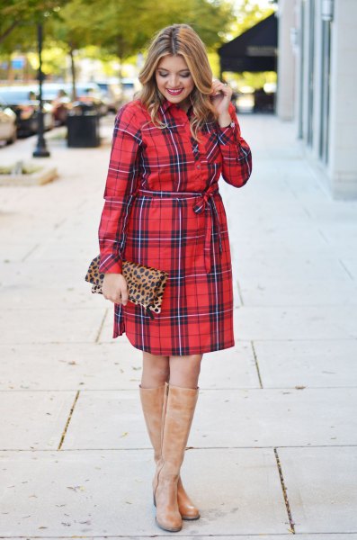red and black tie waist tartan dress with high knee boots