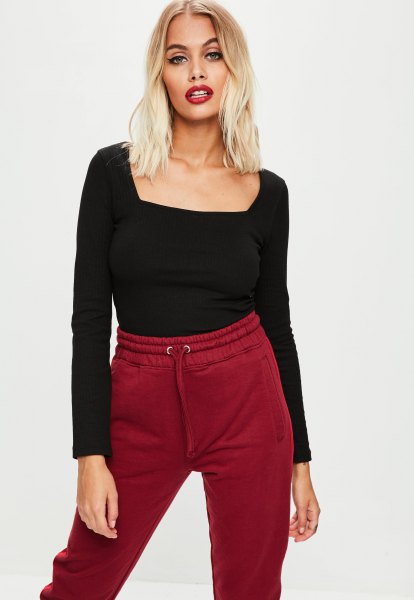 black square long sleeve tee with burgundy jogging belly