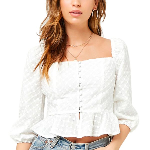 white puff sleeve ruffle square neck blouse with jeans