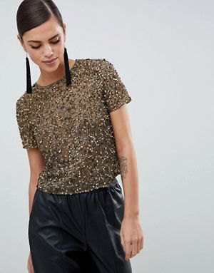 crepe sequin tee with black faux leather maxi skirt