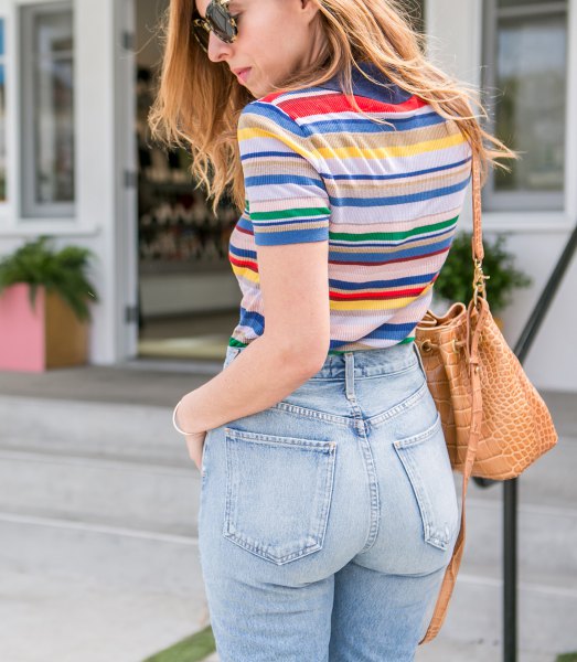 rainbow striped tee with high waist vintage jeans