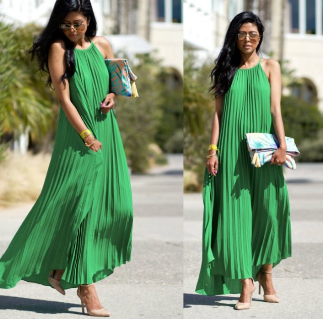 green pleated maxi dress with pink heels