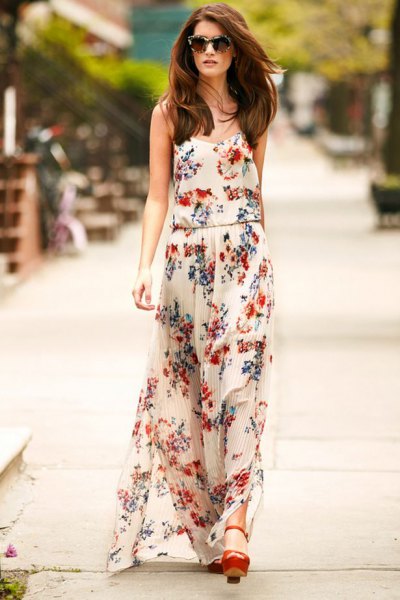 white floral chiffon maxi dress with brown heels