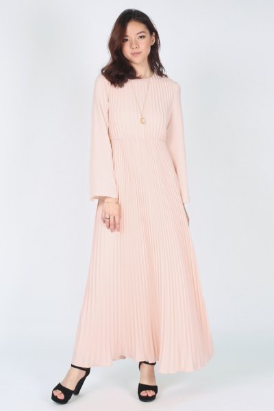 pink fit and flare long sleeve pleated maxi dress