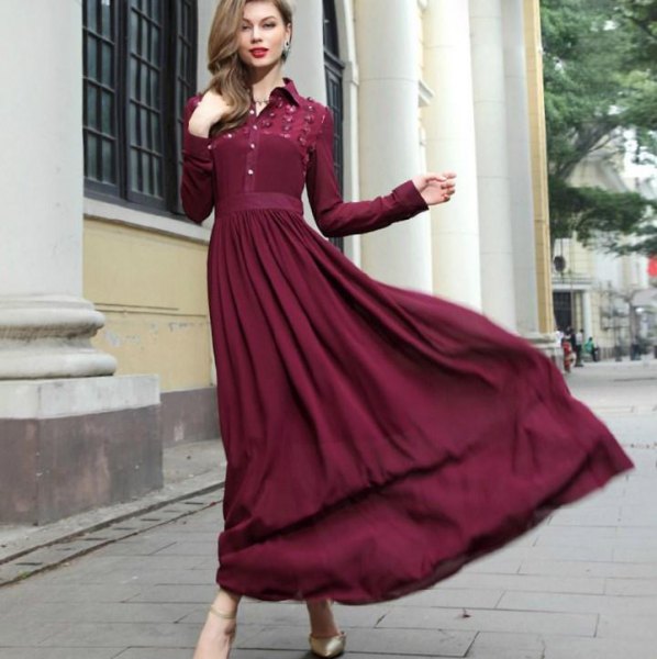 green long sleeve button up maxi pleated dress