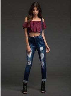 burgundy off the shoulder top with blue ripped trousers