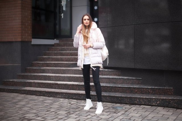 white long bubble skirt with black skinny jeans and high top sneakers