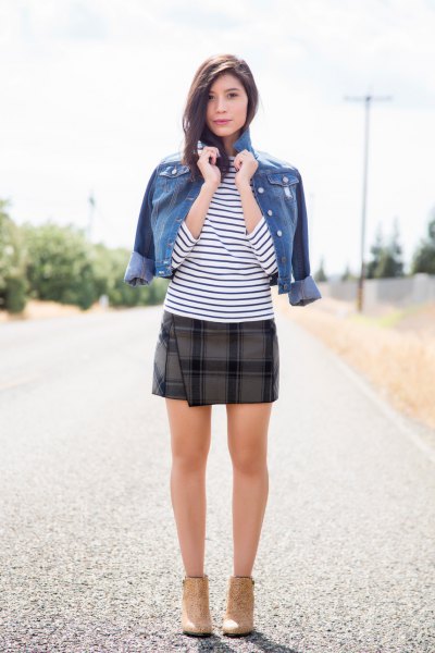 navy and white striped tee and denim jacket