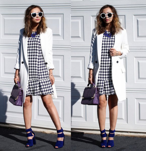 checkered mini ruffle dress with white long jacket