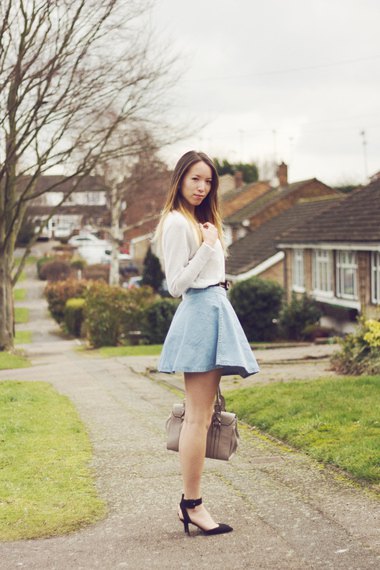 white sweater with light blue high circle skirt with high waist