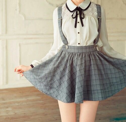 white button up round collar blouse with gray plaid suspenders dress