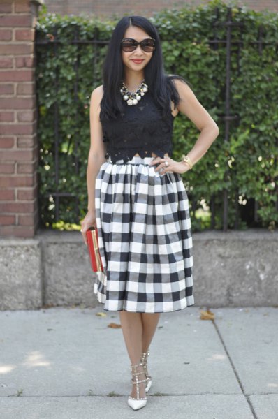 black lace top with checkered midi skirt