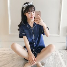 navy blue shorts with matching button up pajama shirt