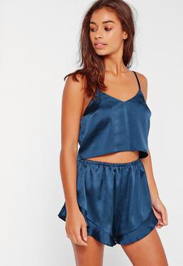 navy cropped camisole with flowing silk pajama shorts