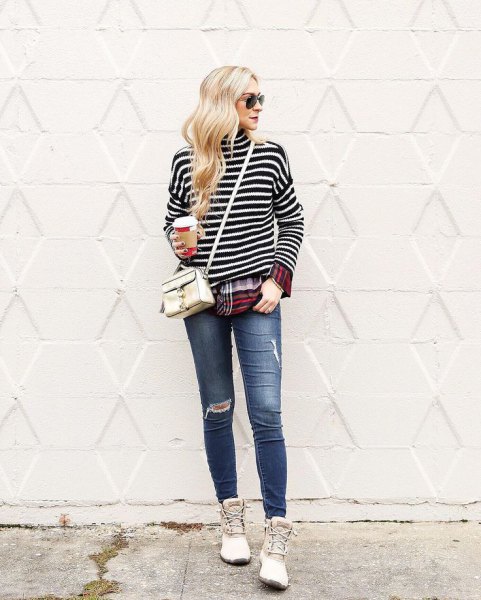 black and white striped long sleeve t-shirt with white duck boots