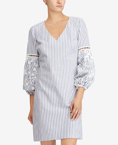 gray and white vertical striped puff sleeve dress