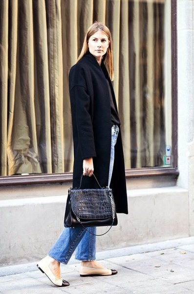 black long wool coat with pink leather ballet flats